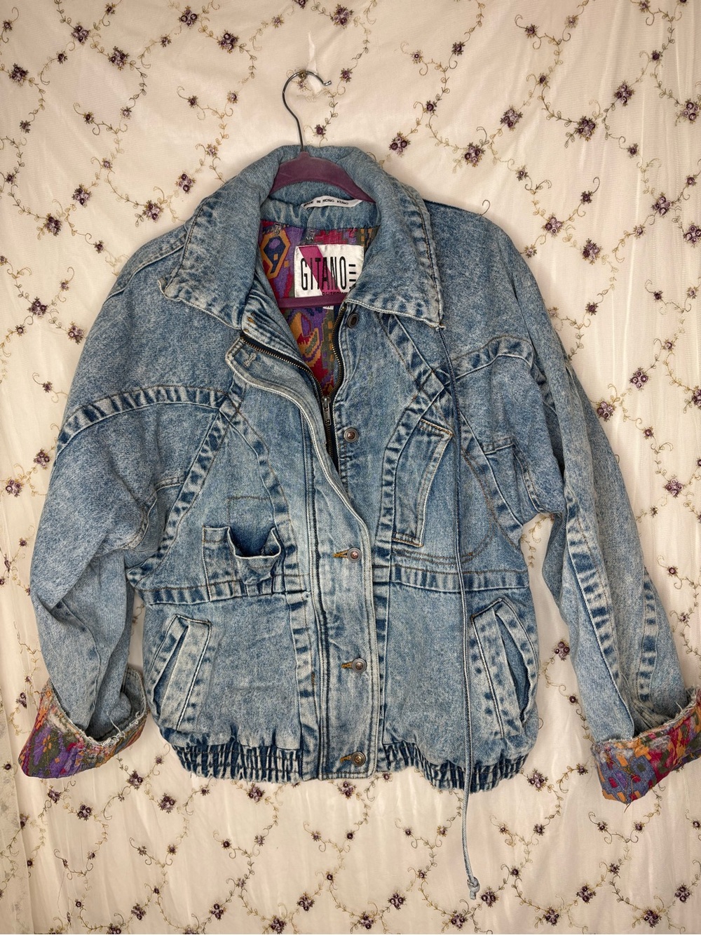 Gitano Light Wash Blue Vintage-Inspired Denim Jacket with Patterned Lining